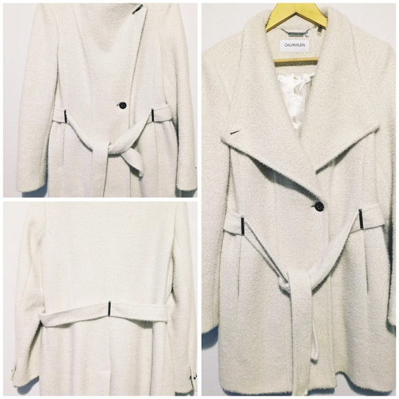 Calvin Klein belted asymmetrical furry off white coat jacket, size L, like new! - Picture 3 of 15